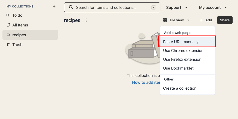 Screenshot of the dropdown menu that appears after clicking Add. The option for Paste URL manually is highlighted.