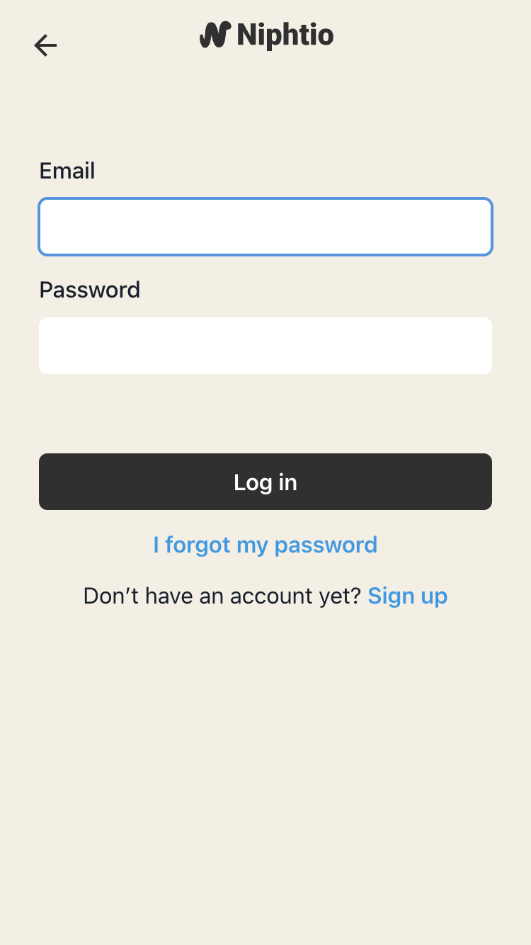 Niphtio's log in screen that has a field for your email address and your password.