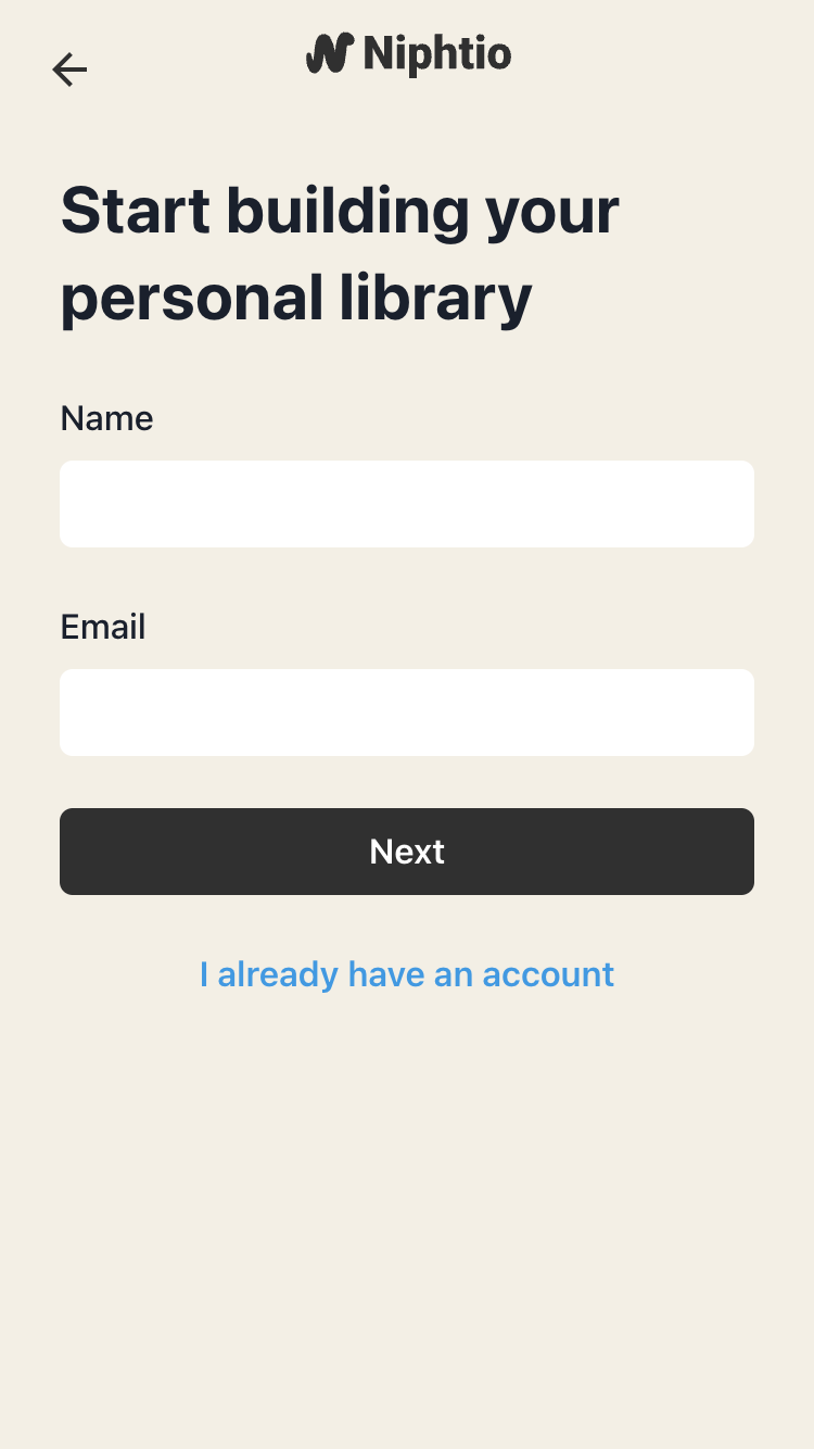 Niphtio's sign up page which contains fields for your name and email address
